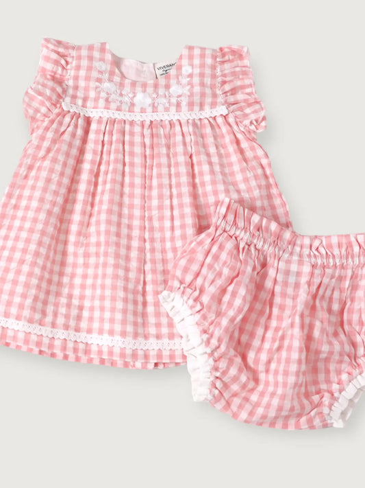 Viverano Organics Sophie Seersucker Gingham Baby Dress + Bloomer (Organic) - Pastel Pink