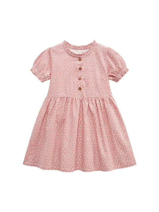 MyKids USA Spring And Summer Baby Girls Short Sleeves Floral Pink Dress – Pink