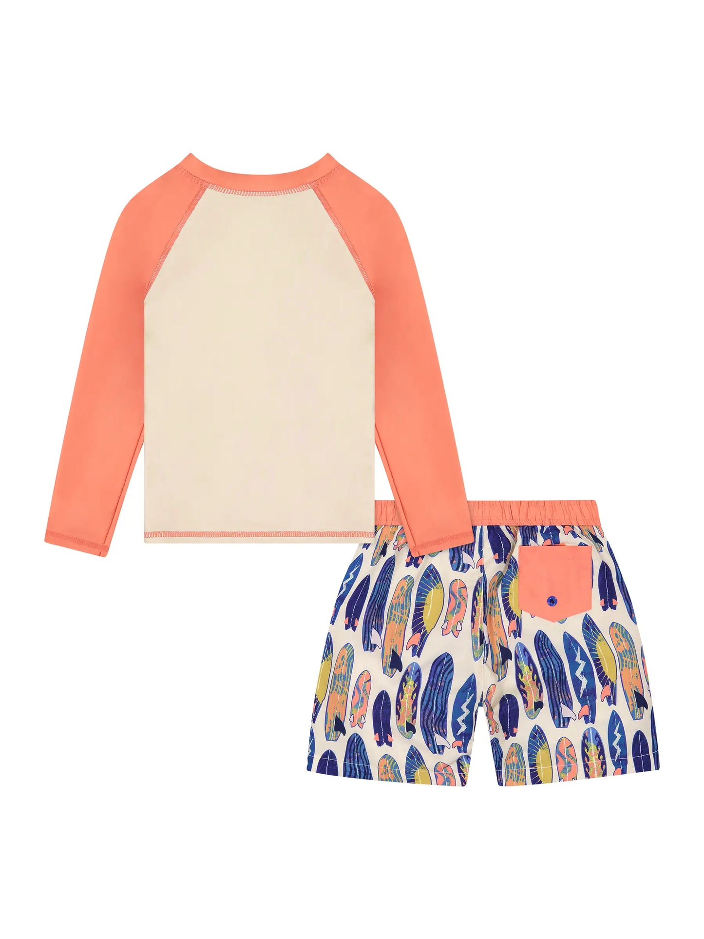 orange surfboard swim suit rashguard swim trunks long sleeve rash guard