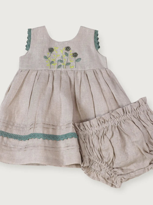 Viverano Organics Sylvie Embroidered Linen Baby Dress+Bloomer (Organic Cotton) - Natural Linen