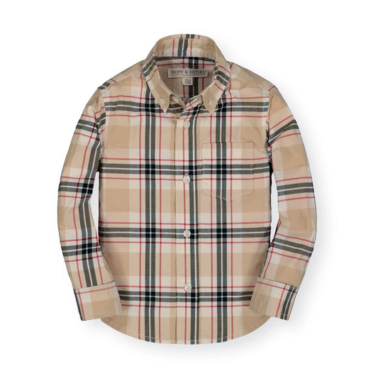 hope and henry, tan, black, red, plaid, christmas, baby boy long sleeve dress shirt