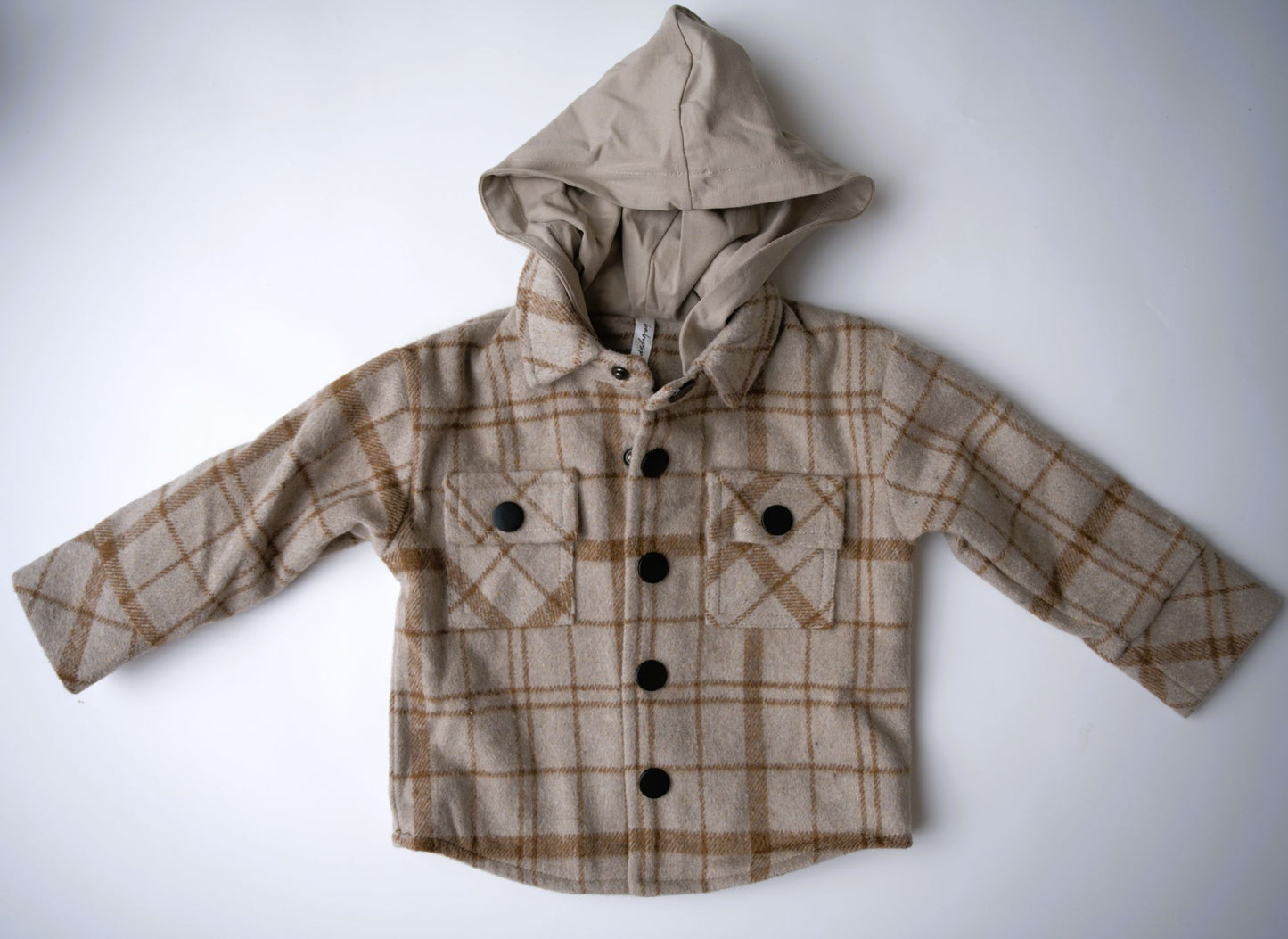babysprouts, shacket, toffee, brown, beige, plaid, flannel, hood, boys