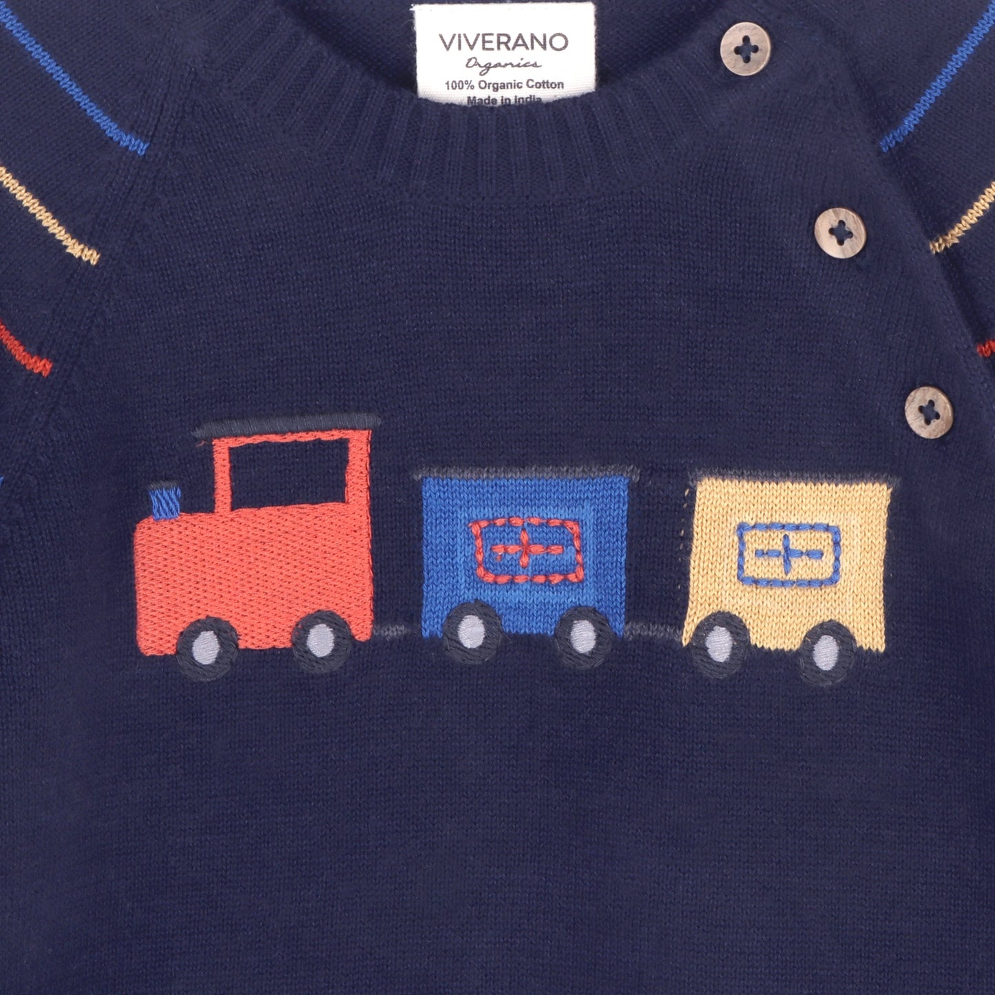 Viverano Organics Train Jacquard Knit Baby Raglan Pullover Sweater (Organic) – Navy Blue