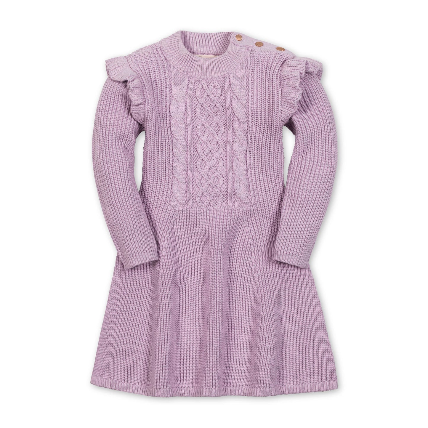 Purple knitted dress with ruffled shoulders on a white background