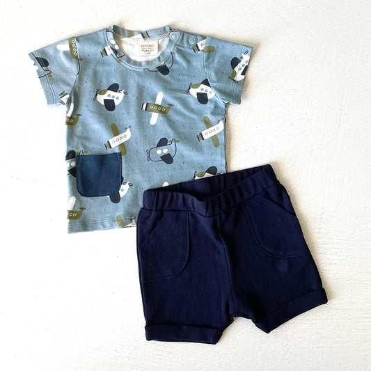 Viverano Organics Airplanes Baby Pocket Tee + Shorts Set (Organic Jersey) Blue