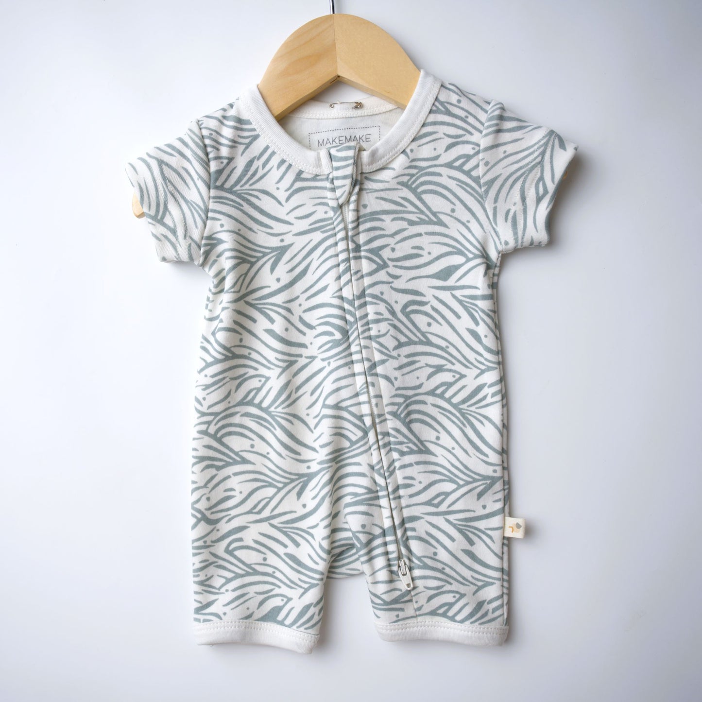 Makemake, blue waves, zipper, romper, with short sleeves and shorts, organic cotton