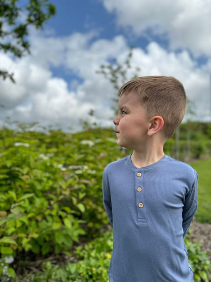me and henry, long sleeve, blue henley, 100% cotton, slate blue, ribbed, fall favorite