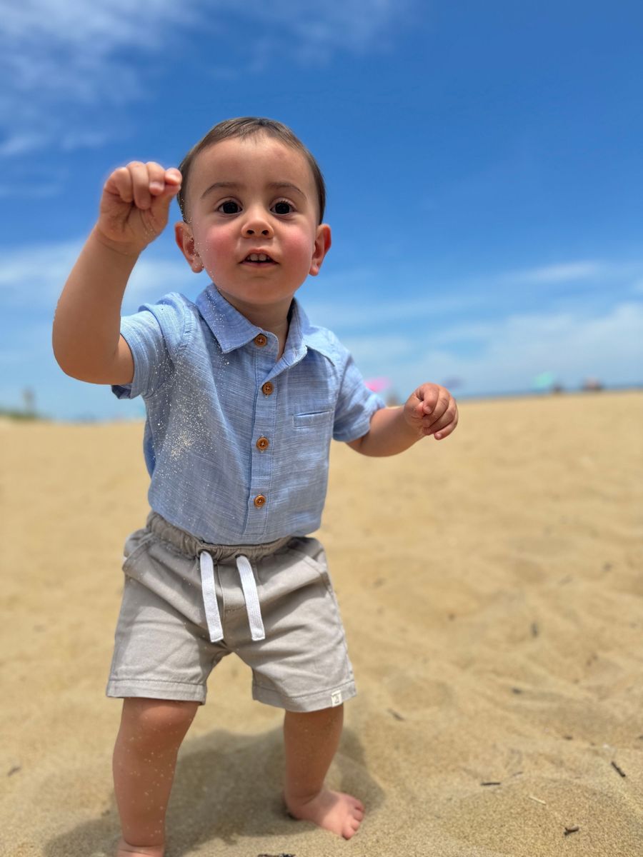 Me & Henry Helford Woven Onesie – Pale Chambray Blue