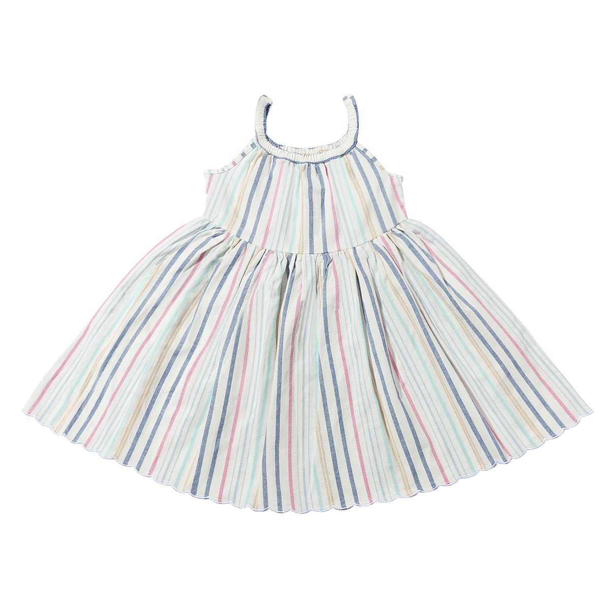 vignette, white, spaghetti strap dress, with stripes of pink, blue, and yellow