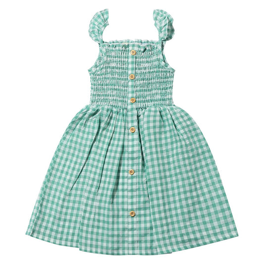 Vignette, green plaid, button front, smocked top with spaghetti strap dress