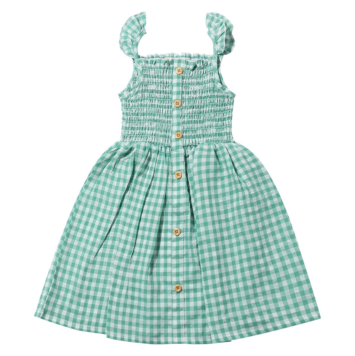 Vignette, green plaid, button front, smocked top with spaghetti strap dress
