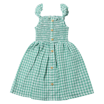 Vignette, green plaid, button front, smocked top with spaghetti strap dress
