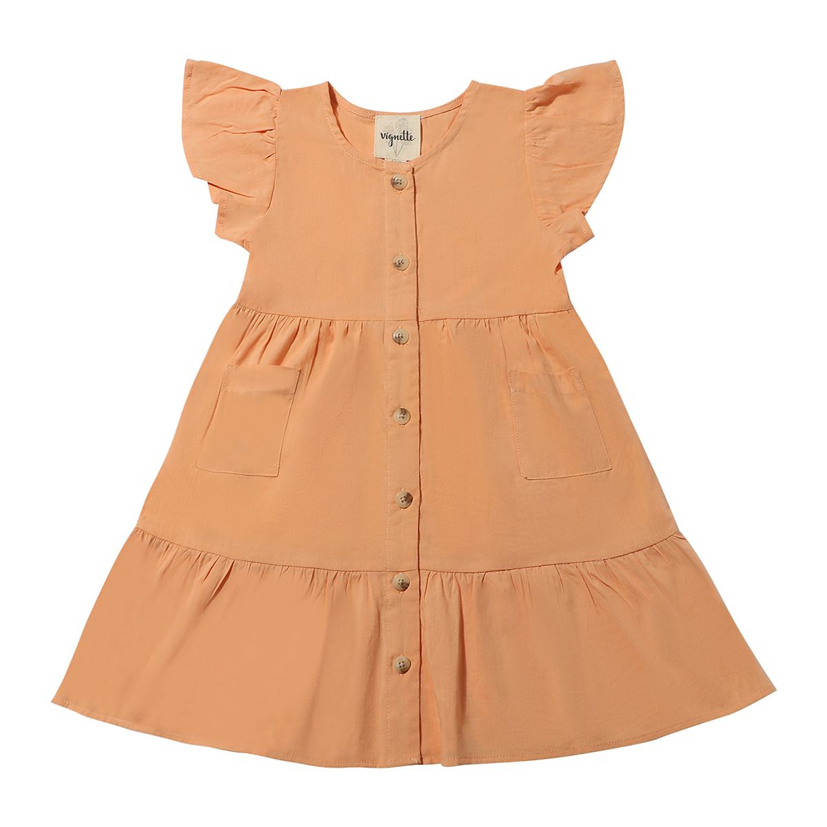 vignette, orange, button front dress, with flutter sleeves.  