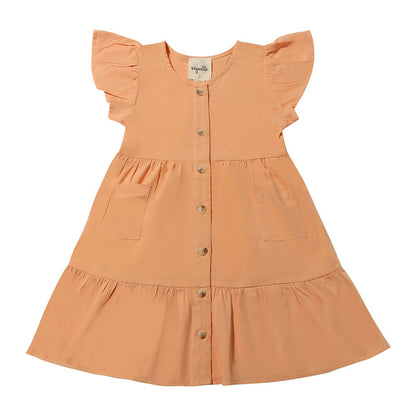 vignette, orange, button front dress, with flutter sleeves.  