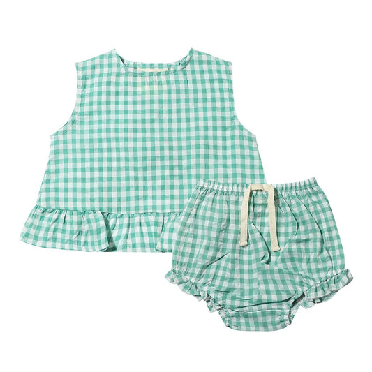 vignette, green, plaid, tank and bloomers, ruffled bottom, criss cross back