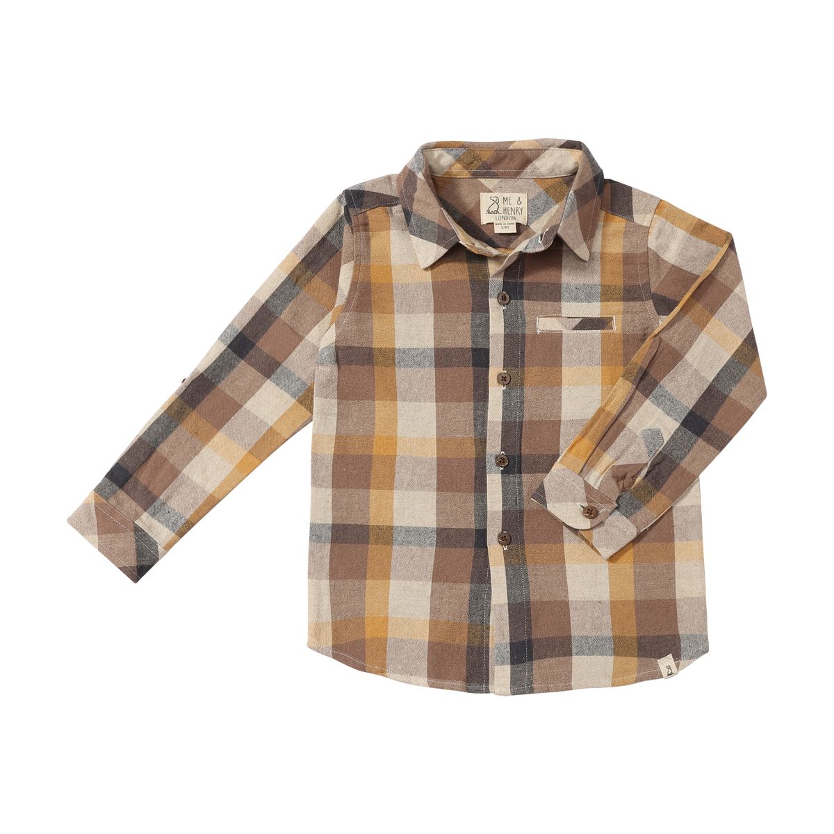 Plaid shirt with brown, beige, and gray colors on a white background