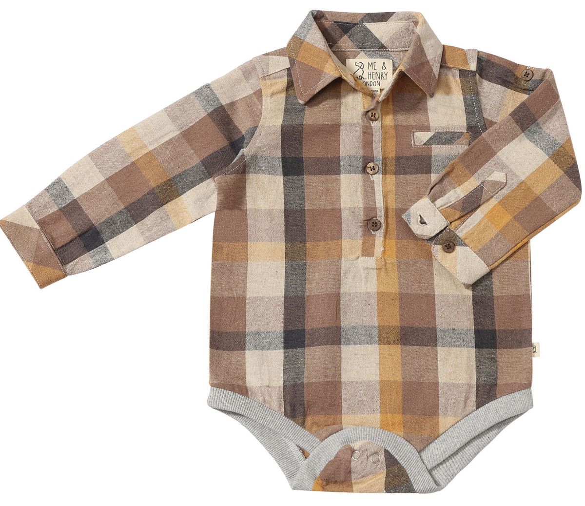 brown Plaid baby onesie with long sleeves on a white background