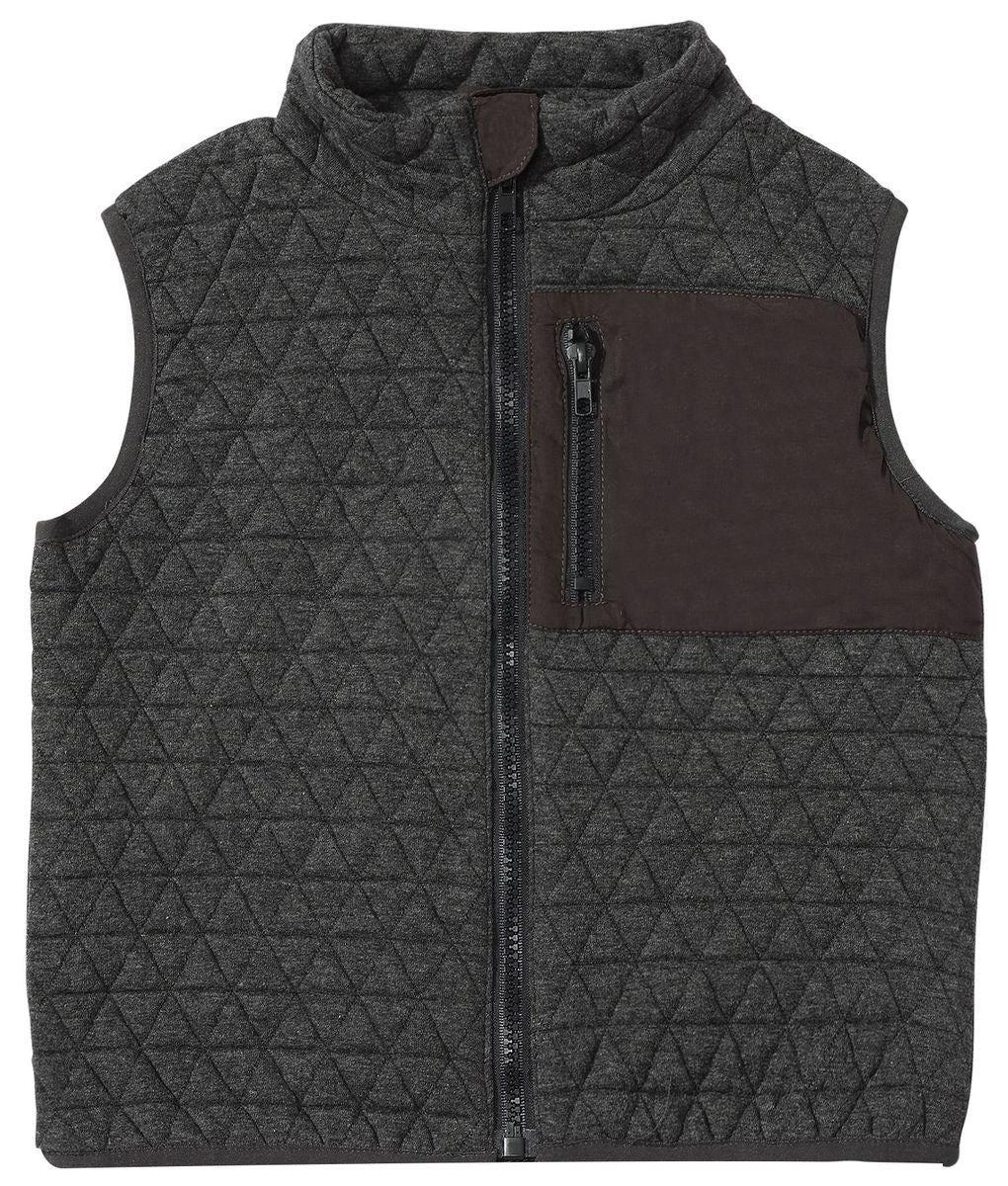 Gray quilted vest with zipper pocket on a white background