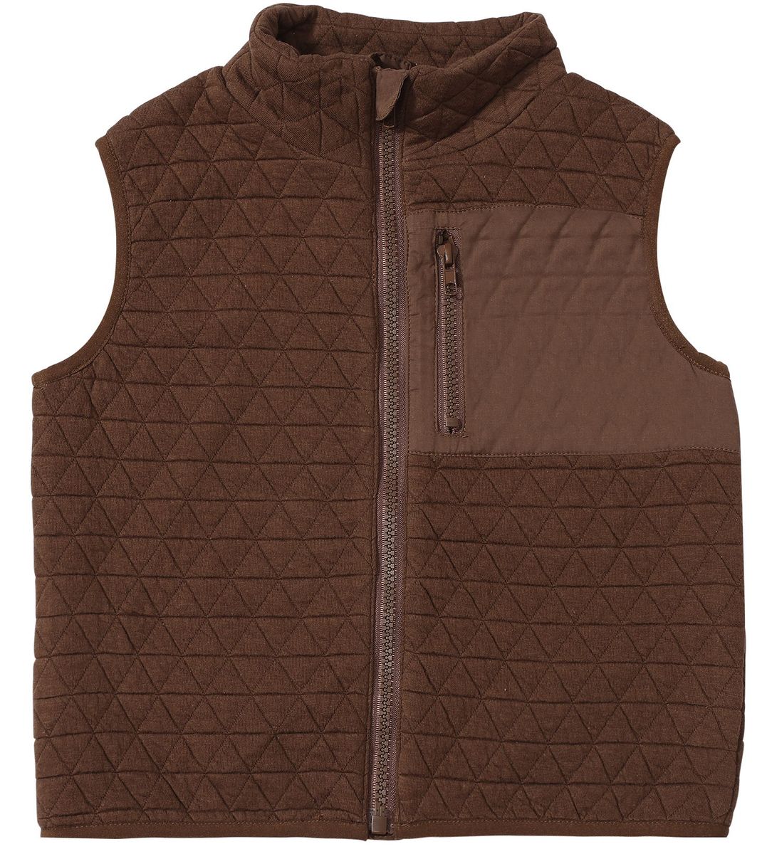 Brown quilted vest on a white background zipper pocket