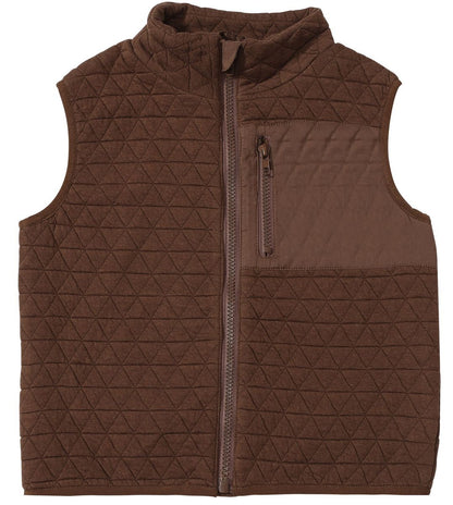 Brown quilted vest on a white background zipper pocket