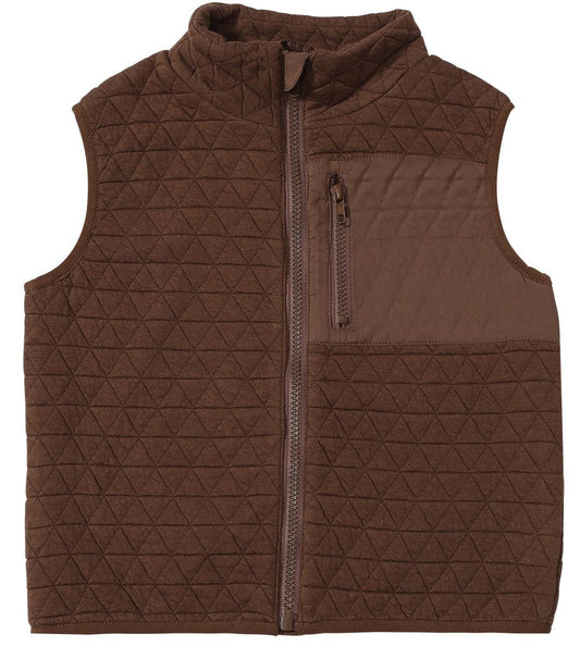 Brown quilted vest on a white background zipper pocket