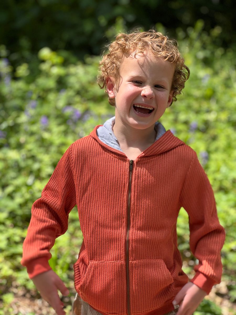 Me & Henry children's boy's hooded sweatshirt with knit lined zippered front. Fall colors, pumpkin, burnt orange, gray lining.