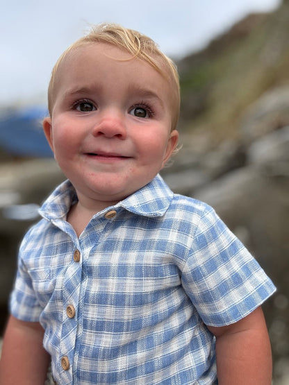 Me & Henry Helford Woven Onesie - Blue/White Plaid