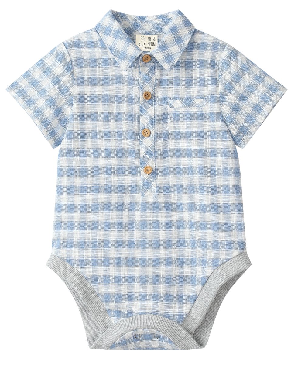 Me & Henry Helford Woven Onesie - Blue/White Plaid