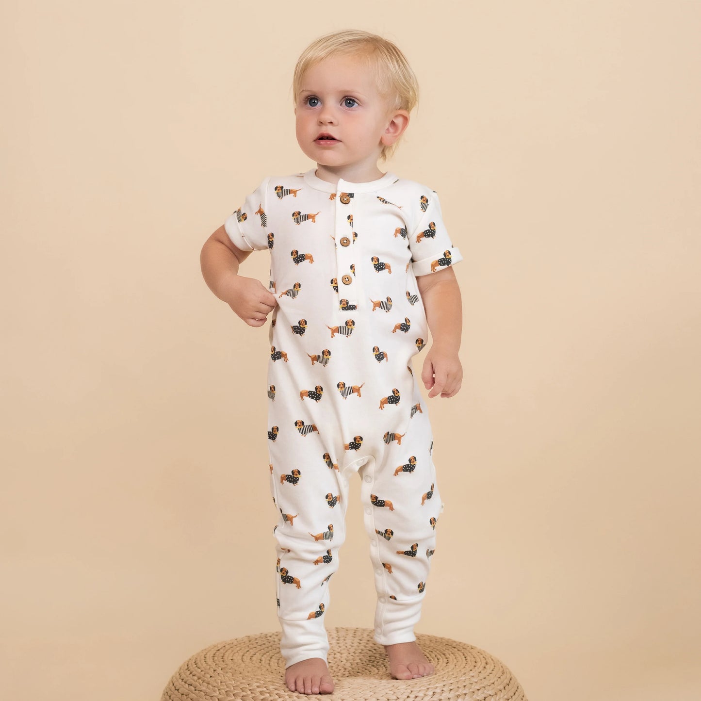 Makemake Organics Organic Short Sleeve Button Romper – Dog