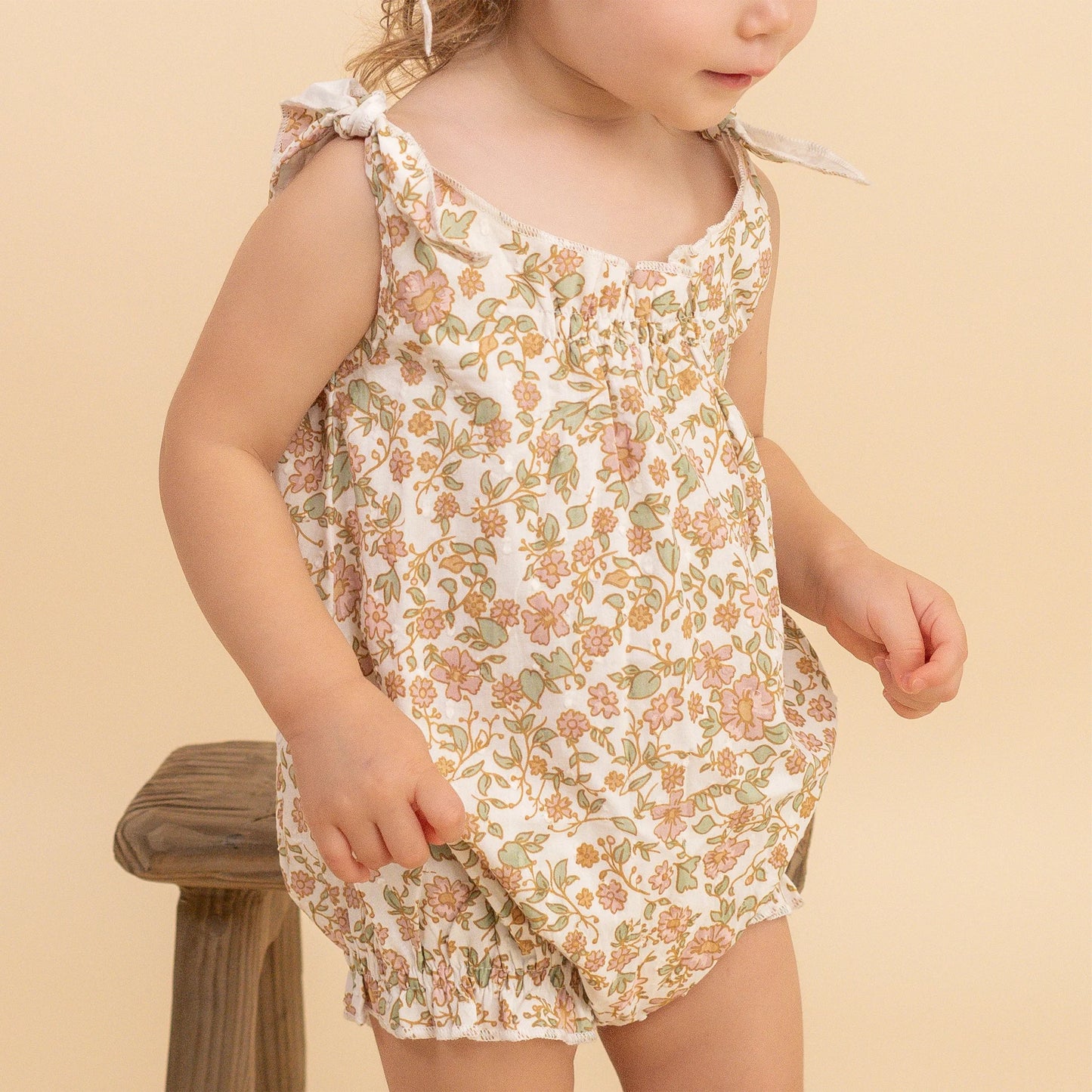Makemake Organics Organic Tie Shoulder Bubble Romper - Tuscan Bloom