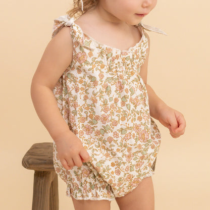Makemake Organics Organic Tie Shoulder Bubble Romper - Tuscan Bloom