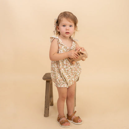 Makemake Organics Organic Tie Shoulder Bubble Romper - Tuscan Bloom