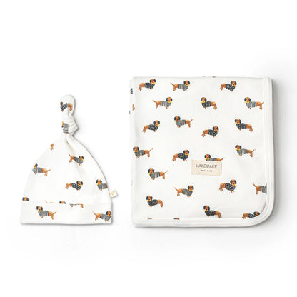 makemake, swaddle, hat, wiener dog, dachshund, blanket, baby
