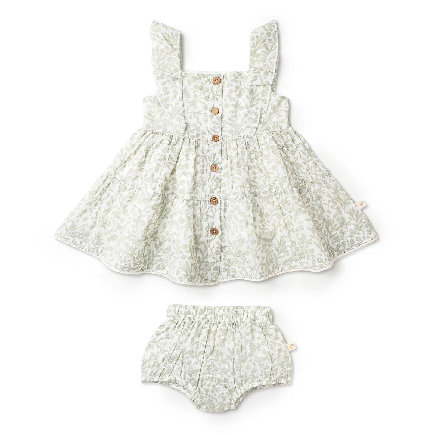 Makemake Organics Organic Flutter Buttoned Tiered Dress - Sage Floral