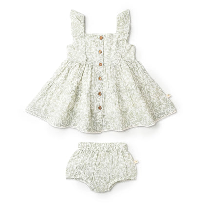 MakeMake, green, sage, floral, sleeveless dress with button front detail.  Organic cotton