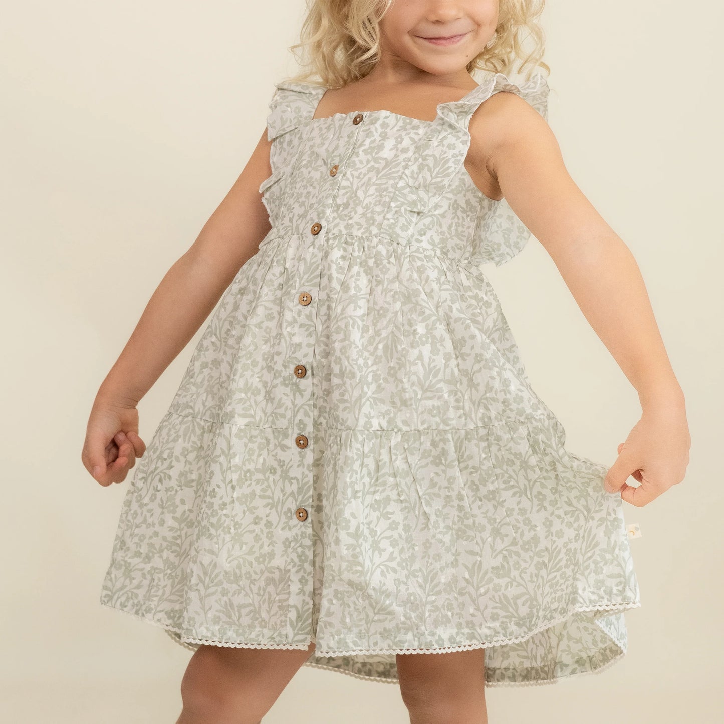 Makemake Organics Organic Flutter Buttoned Tiered Dress - Sage Floral