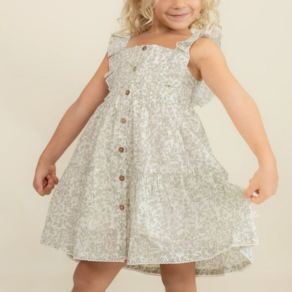 MakeMake, green, sage, floral, sleeveless dress with button front detail.  Organic cotton