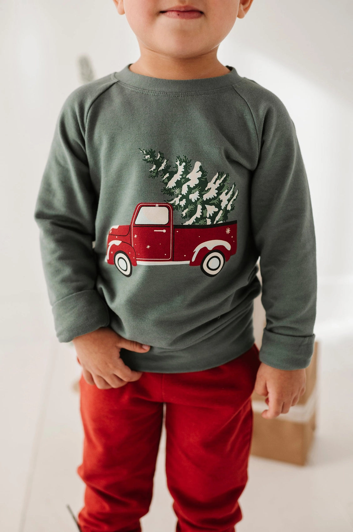 Child wearing a green sweatshirt with a red truck and Christmas tree design, standing against a plain background.