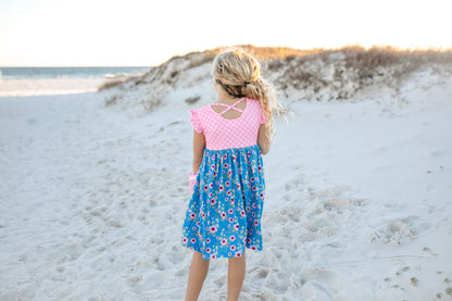 Oopsie Daisy Girl's Pink Check & Blue Floral Pocket Twirl Summer Dress