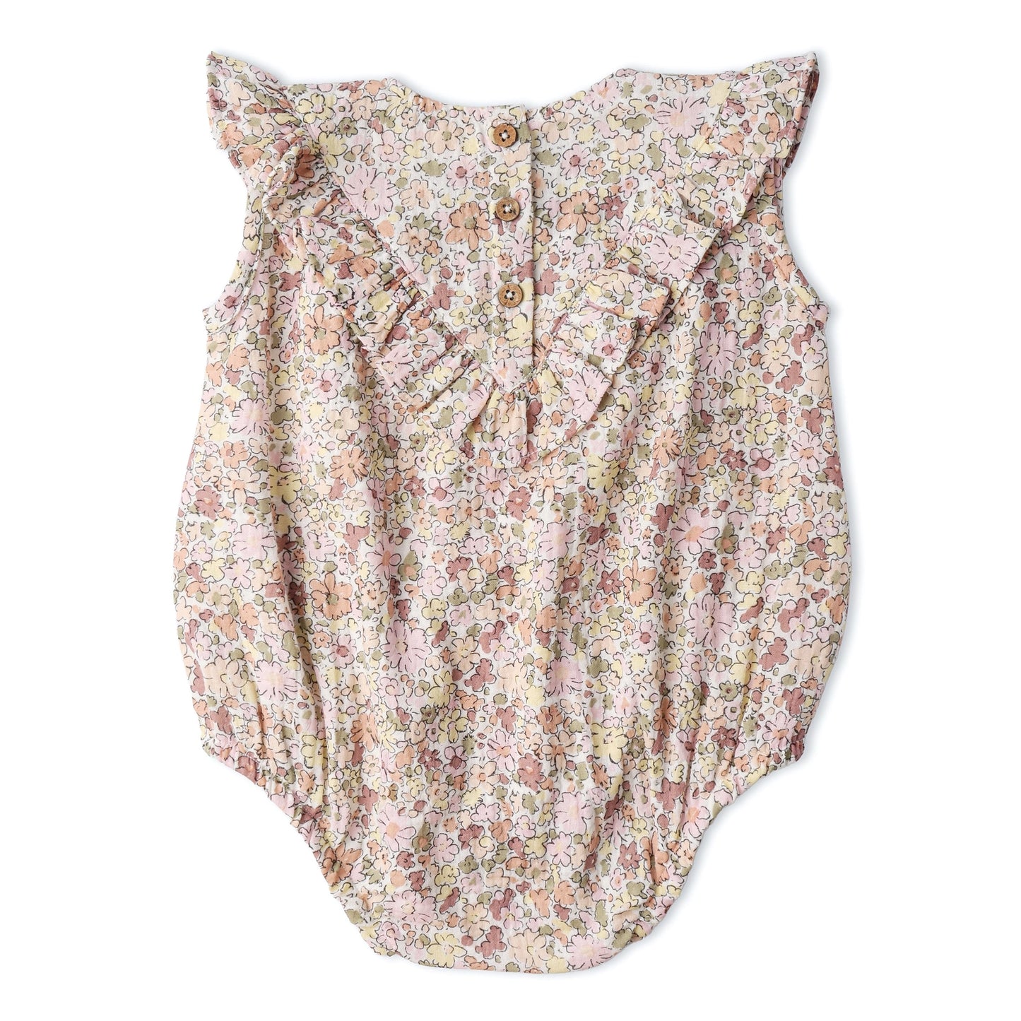 Makemake Organics Organic Sleeveless Ruffle Bubble Romper - Pastel Bloom
