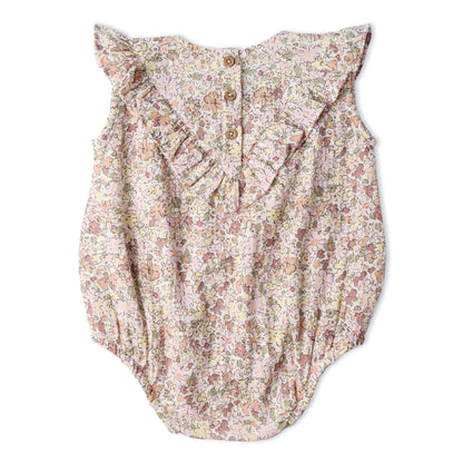 Makemake Organics Organic Sleeveless Ruffle Bubble Romper - Pastel Bloom