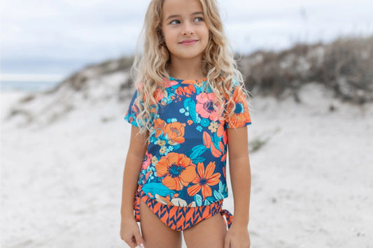 Oopsie Daisy Kid's Navy & Orange Floral Short Sleeve Rash Guard Swimsuit