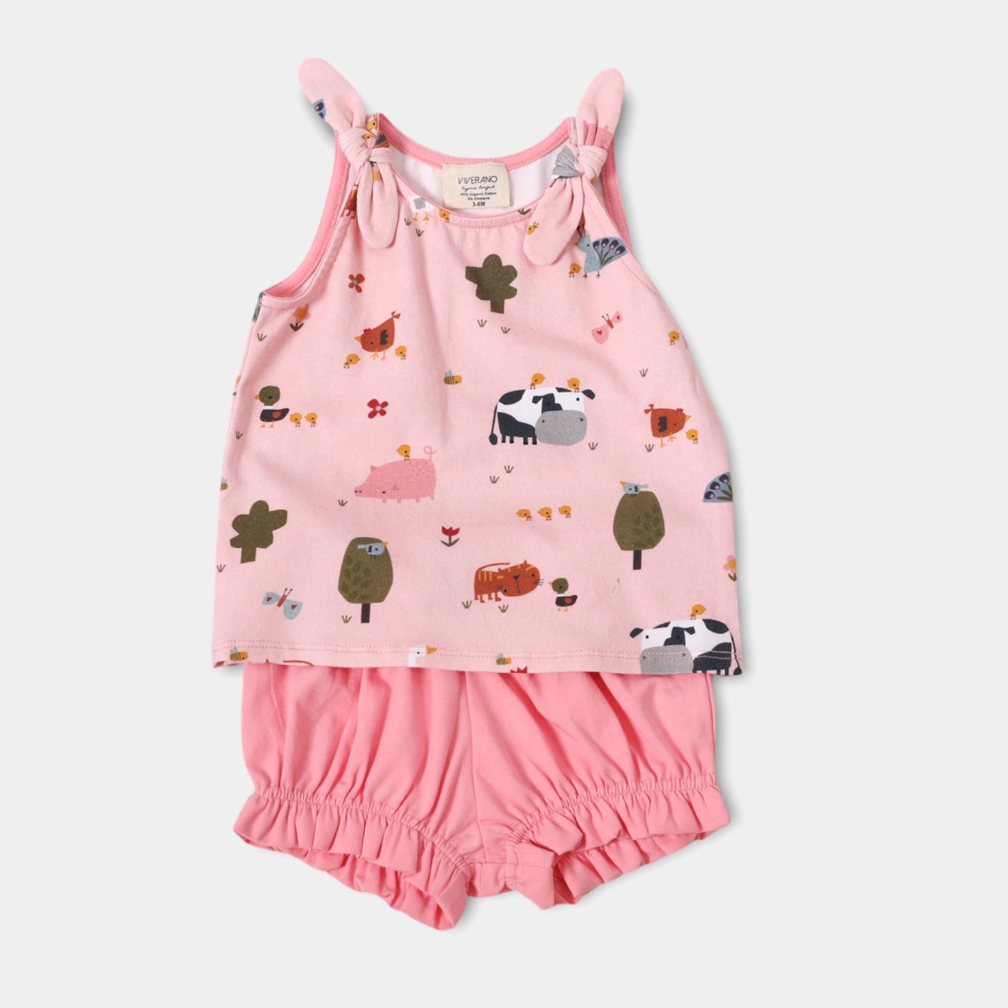 Viverano Organics Farm Baby Playsuit Tee + Bubble Shorts Set (Organic Cotton) | Blush