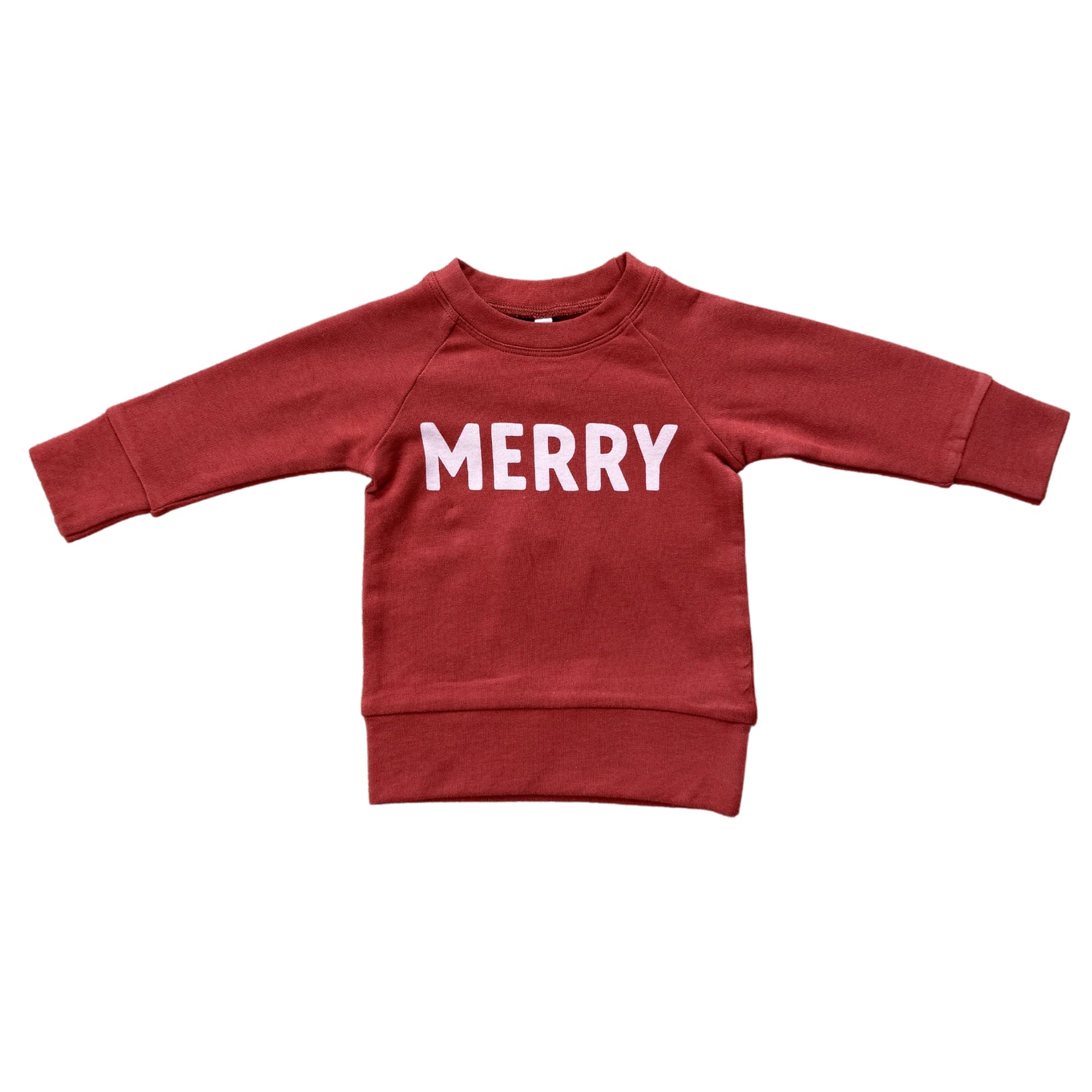 Red sweatshirt with 'MERRY' text on a white background