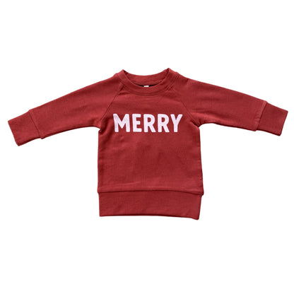 Red sweatshirt with 'MERRY' text on a white background