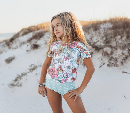 Oopsie Daisy Kid's Pale Pink Floral & Mint Sea Rash Guard Swimsuit