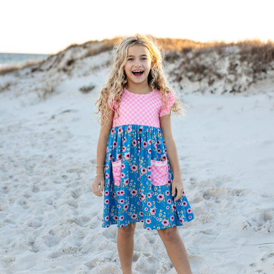 Oopsie Daisy Girl's Pink Check & Blue Floral Pocket Twirl Summer Dress