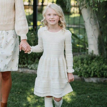 Hope & Henry Organic Ruffle Cuff Sweater Dress - Ivory Textured Stripe