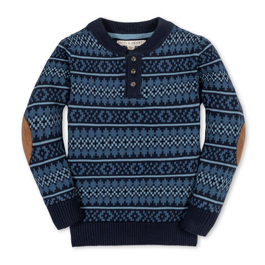 Hope & Henry Organic Sweater Henley w/Elbow Patches - Twilight Fair Isle