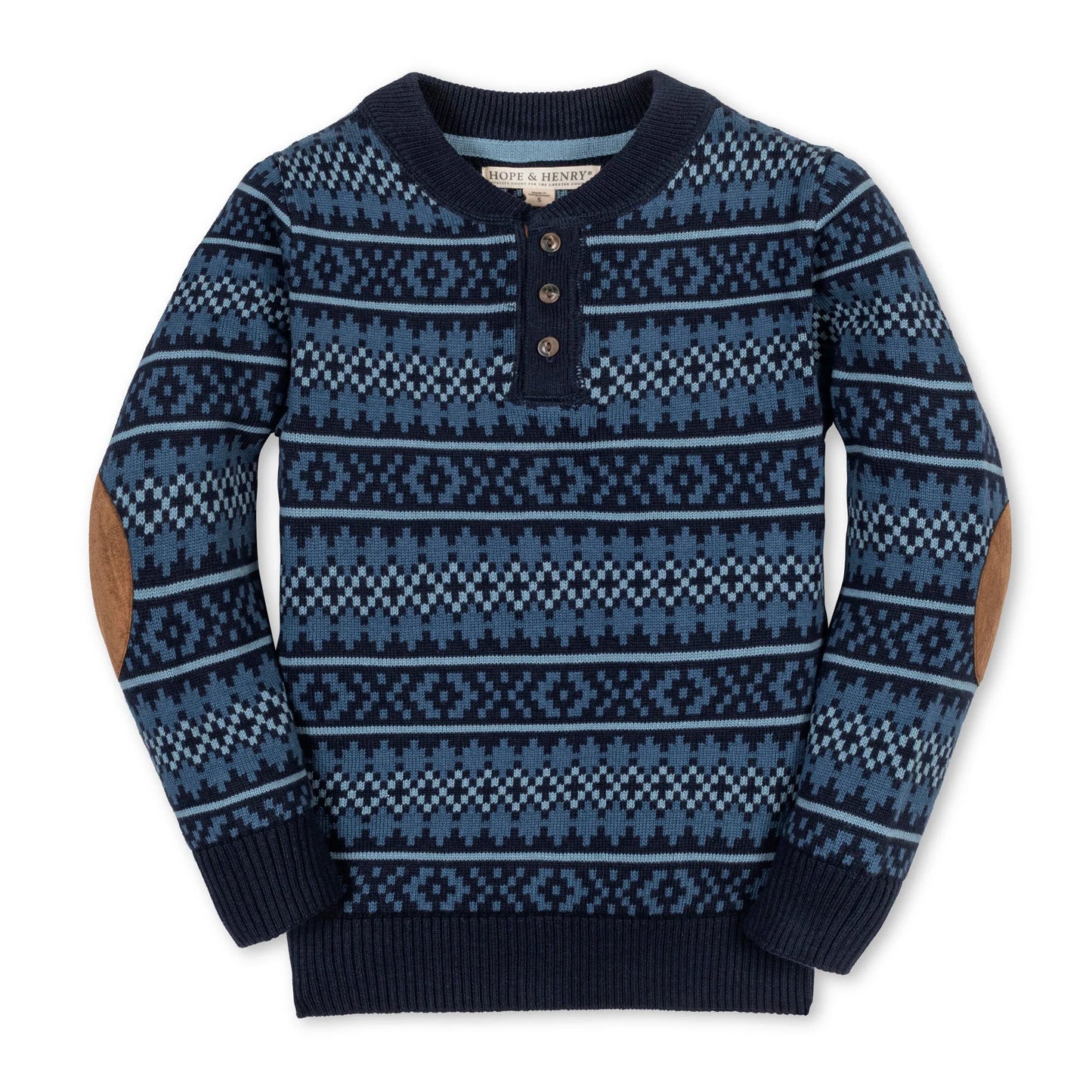 Blue patterned sweater with brown elbow patches on a white background henley collar shades of navy blue and light blue
